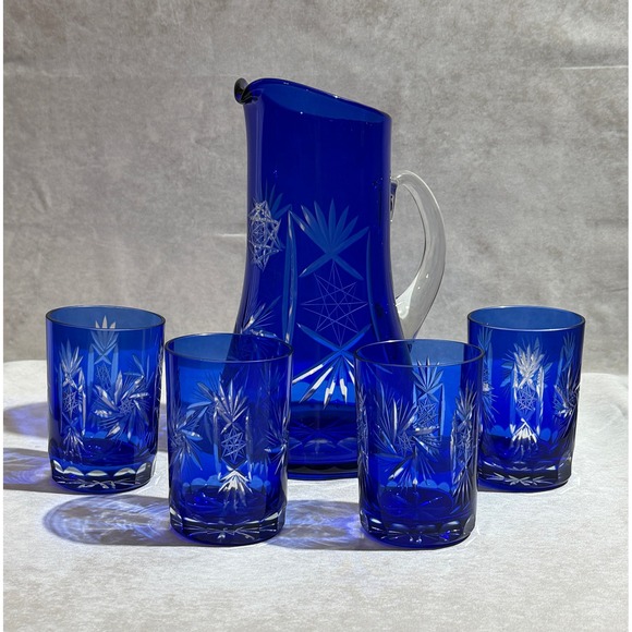 Other - Vintage Bohemian Czech Cobalt Blue Cut to Clear Glass Pitcher and 4 Tumbler Set